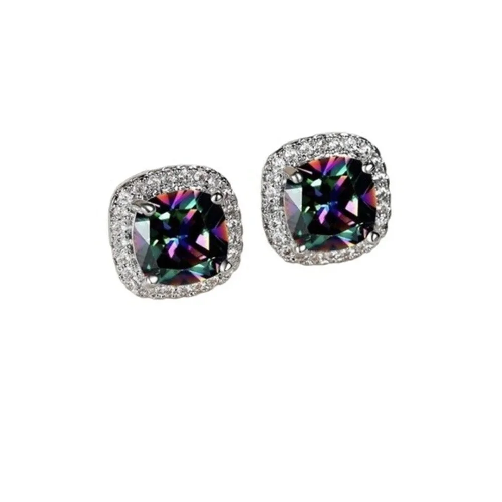 Women’s  Silver Tone Rainbow Mystical Fire‎ Topaz Fashion Stud Earrings